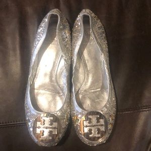 Tory Burch silver sequinned shoes